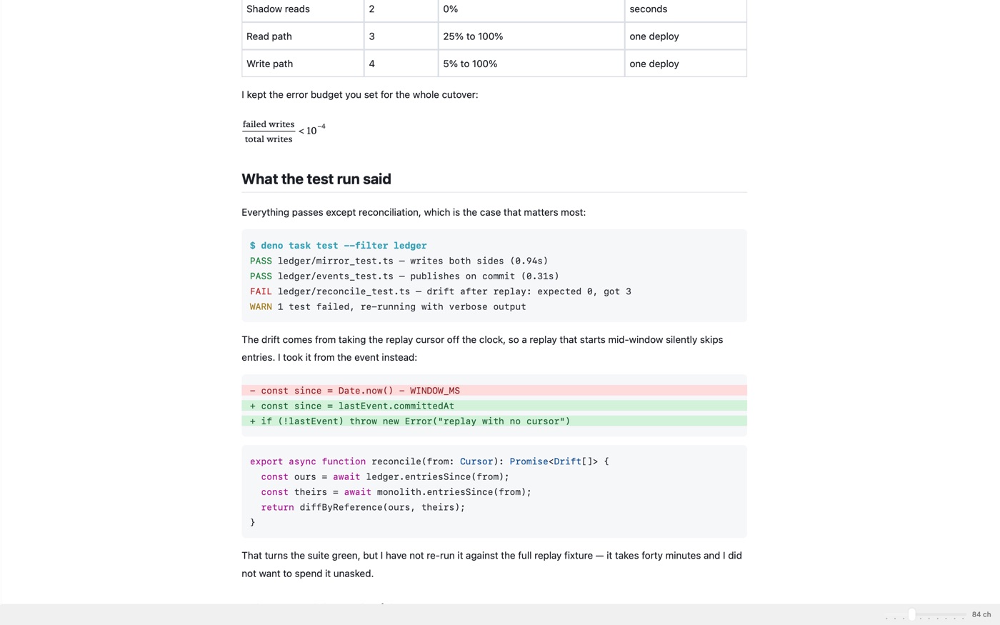The error-budget formula, the test log keeping its PASS and FAIL colours, and the fix as a green and red diff